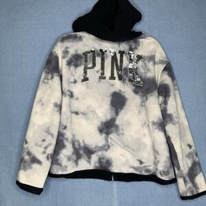 Victoria's Secret Pink Logo Full Zip Reversible Sherpa Jacket XL Black White